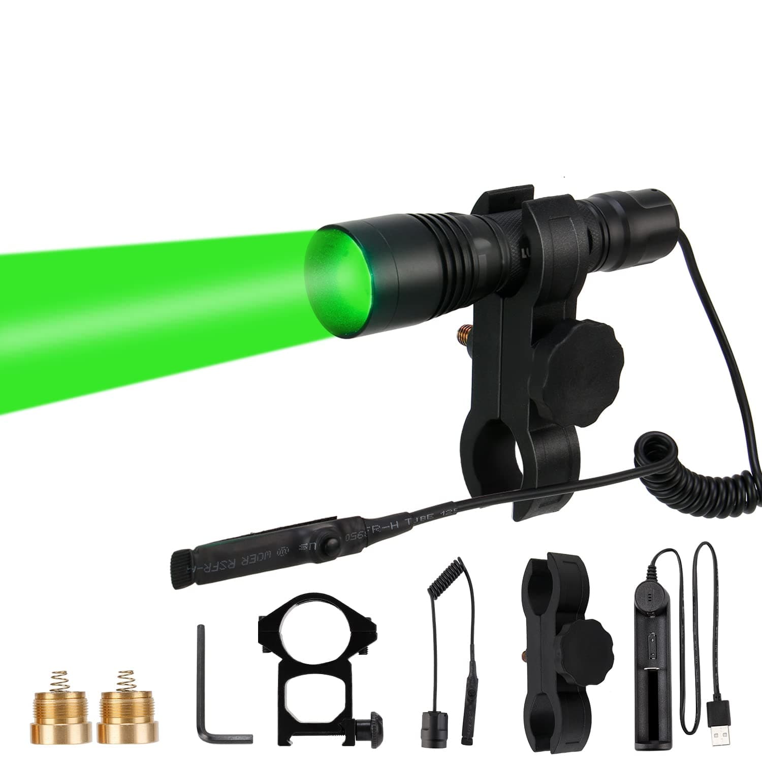 S2plus Premium Scope Mounted Hunting Light Kit, Interchangeable Green Red White LED Modules, High Power Zoomable Flashlight Torch for Coyote, Predator, Varmint, Coon& Hog