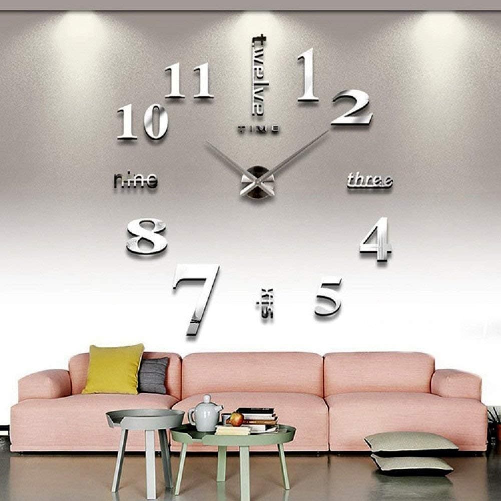 Large Silver 3D Frameless Wall Clock Stickers DIY Wall Decoration for Living Room Bedroom