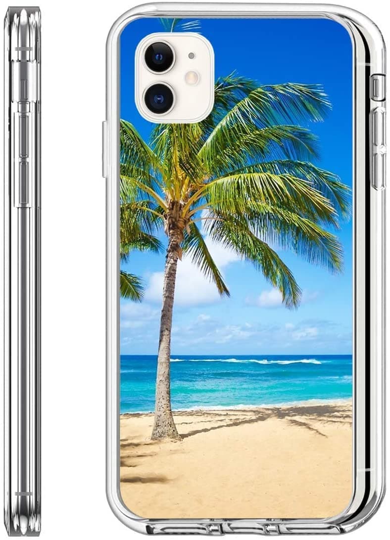 PSHjs Phone Case Compatible with iPhone 13 Case Transparent Soft TPU Flexible Cover Palm Trees on The Sandy Beach in Hawaii