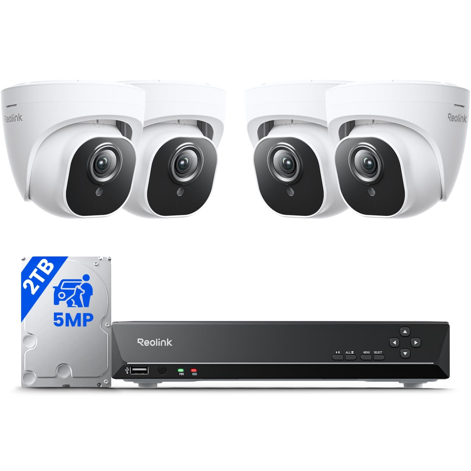 - Smart 5MP 8CH Home Security Camera System, 4pcs Wired PoE IP Cameras Outdoor with Person/Pet/Vehicle Detection, 4K 8CH NVR with 2TB HDD for 24-7 Recording, RLK8-520D4-5MP