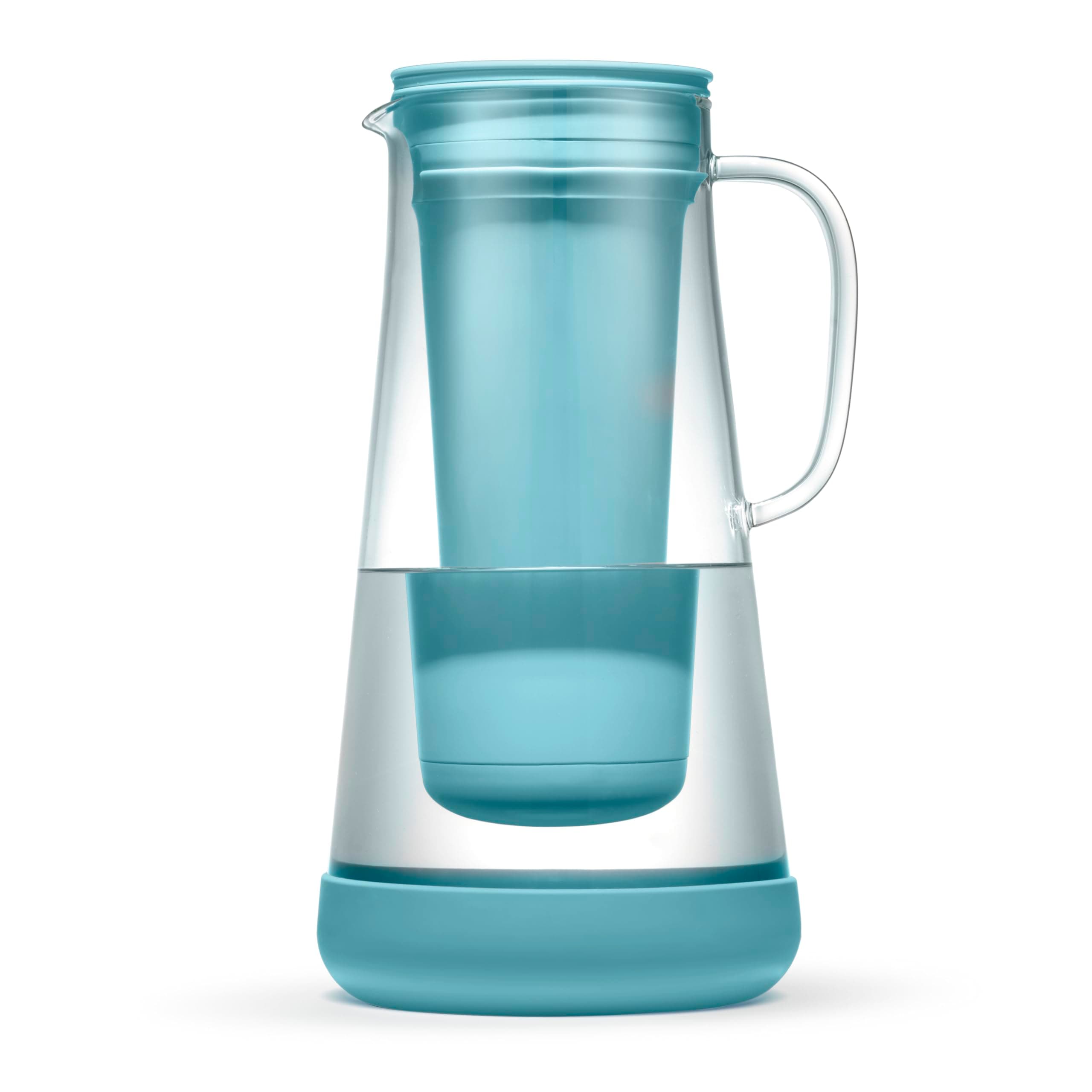 Home– Water Filter Pitcher, 7-Cup, Glass with Silicone Base, Juniper, for Everyday Protection Against Bacteria, parasites, microplastics, Lead, Mercury, PFAS and a Variety of Chemicals