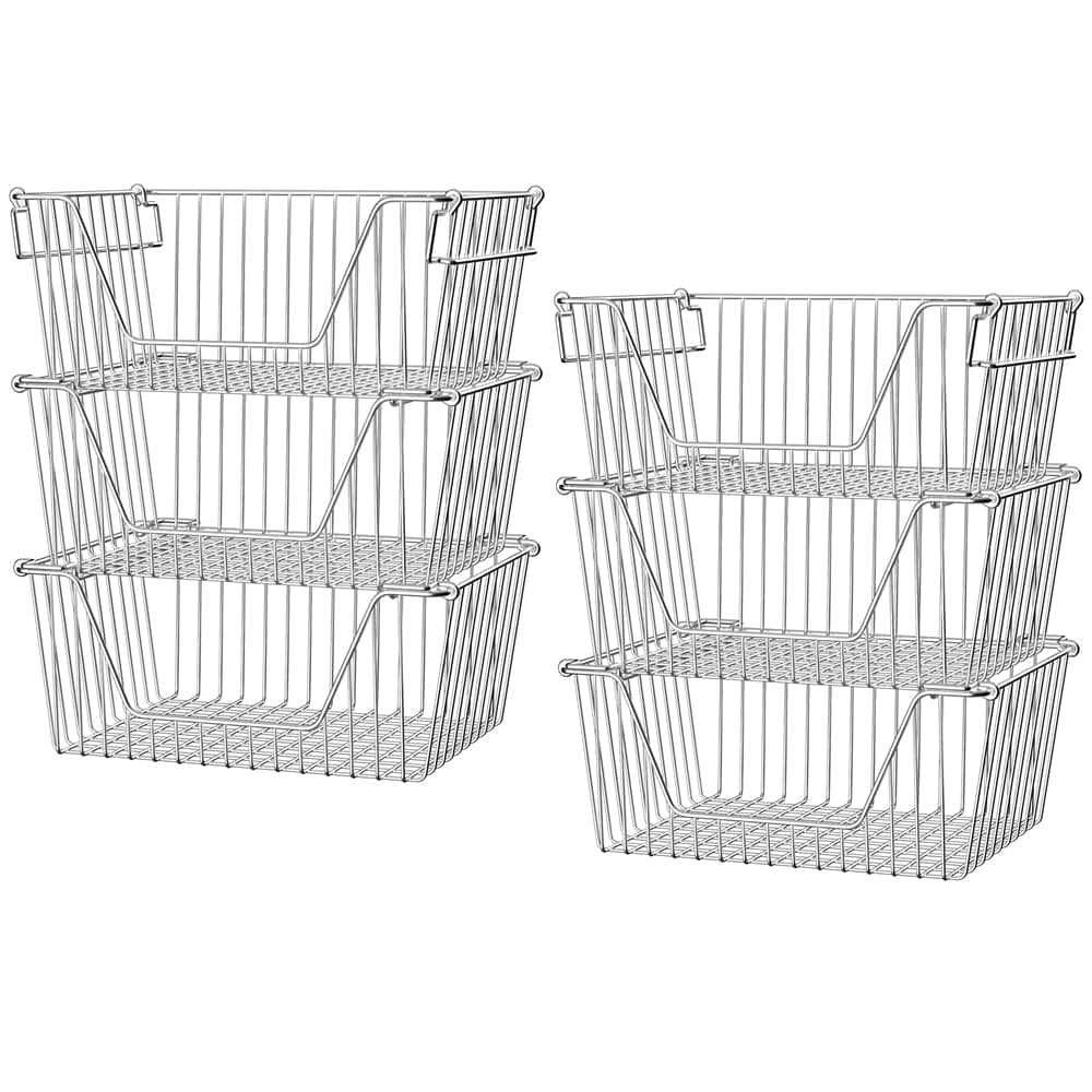 Slideep Stackable Storage Baskets Stainless Steel Cabinet Organizer Sturdy Metal Wire Pantry Freezer Bin for Pantry Home Bathroom Kitchen Organization 6 Packs