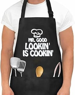 Kitchen Apron Couple Chef Aprons, Adjustable Bib Apron with 3 Pockets, Waterproof, Black, Unisex-Adults, Seniors, Retirees, Home Cooks