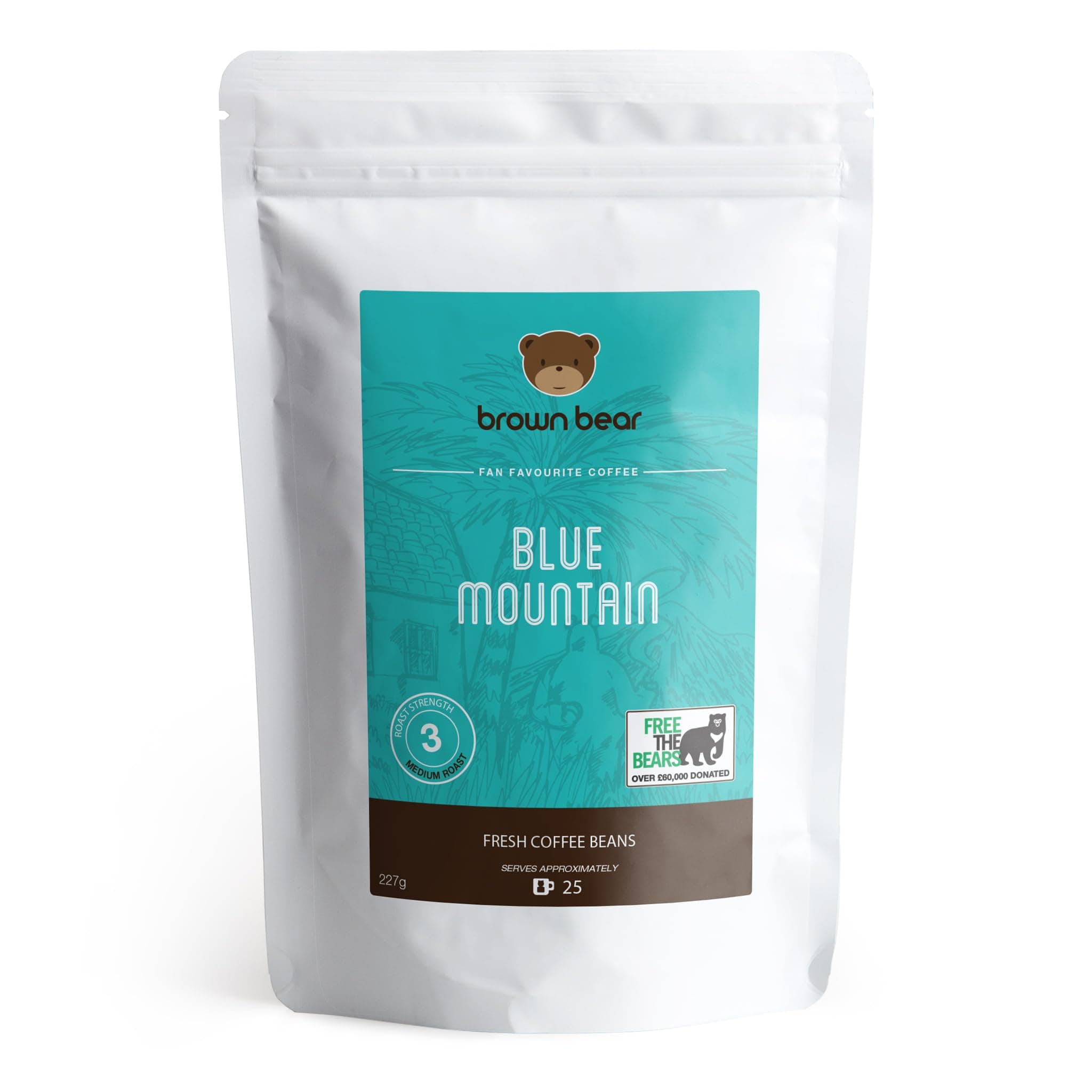 Blue Mountain Blend Coffee Beans 227g - Medium Roast - Brown Bear Coffee - Donation to Free The Bears - Strength 3 - Suitable For All Machines - 100% Arabica