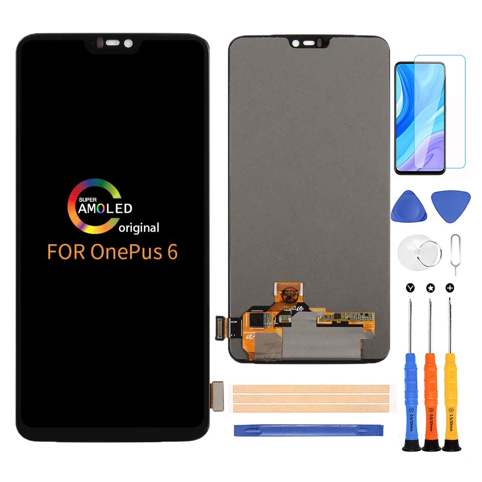 OnePlus 6 LCD Display Screen Replacement, OnePlus 6 A6000 A6003 Display LCD Panel Repair Parts Kit, Tempered Glass + Tools + Black