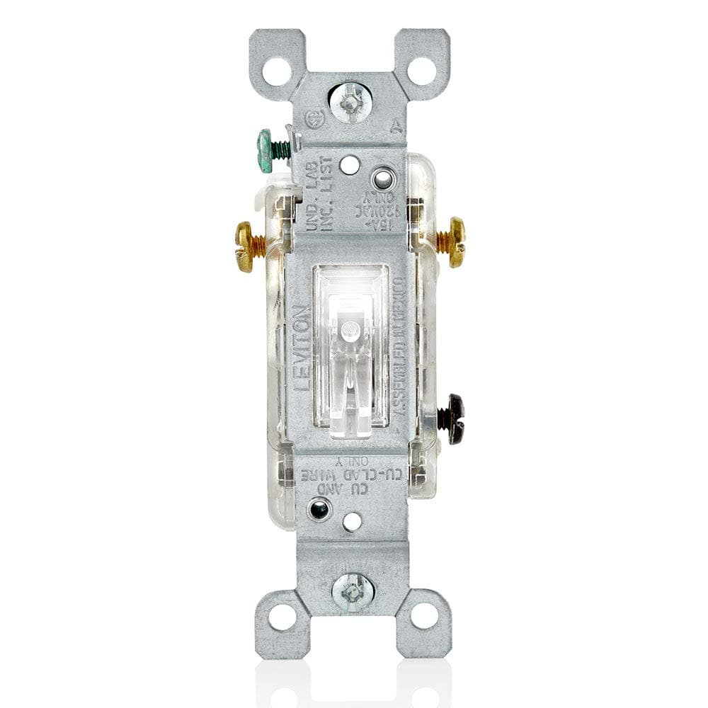 Leviton 15 Amp, 120 Volt, Toggle LED Illuminated 3-Way Switch, Residential Grade, Grounding, L1463-2C, Clear