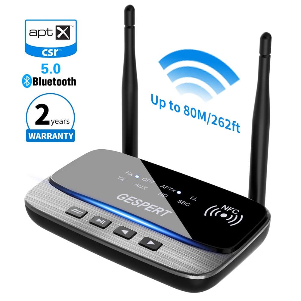 NOTENS Bluetooth 5.0 Transmitter Sender Receiver,NFC Dual Antenna Long Range 262 ft/80m Wireless Audio Adapter aptX HD RCA Aux 3.5mm Optical