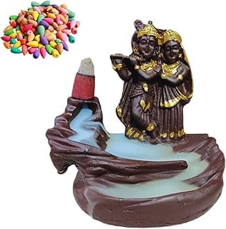 Decor Art Presents Backflow Smoke Fountain Backflow Incense Holder Burner Waterfall Smoke Fountain for Home Decor & Puja with 51 Backflow Cones/Dhoop (Lord Krishna Radha)