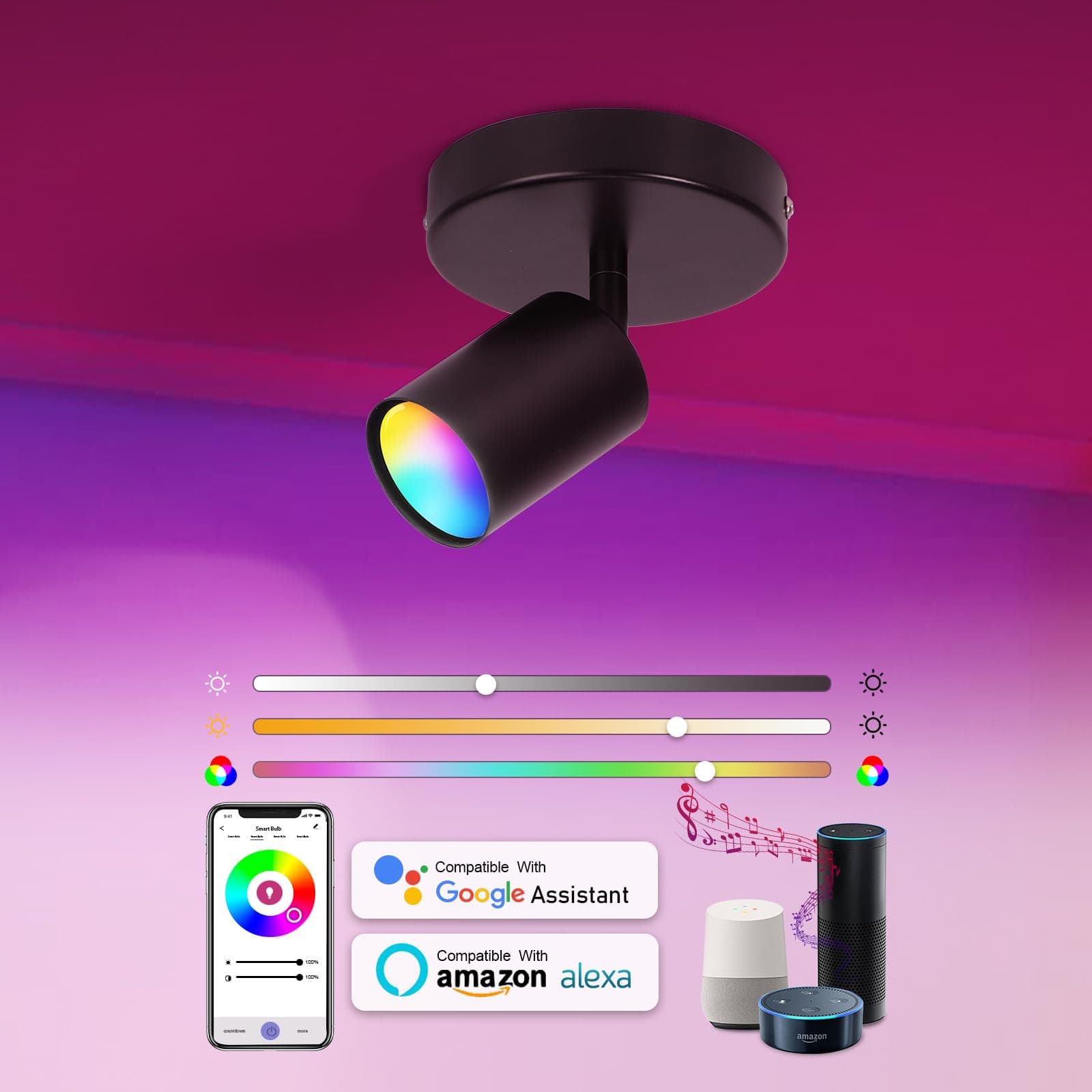 Dimmable Flush Mount Ceiling Spotlight, Adjustable Up Lights Indoor Ceiling Spotlight, 16 Colors Change LED Spot Lights Indoor Bright Accent Fixture for Living Room Bedroom