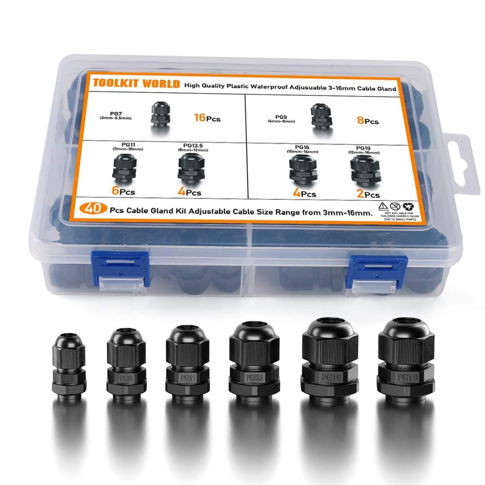 Cable Glands Waterproof Adjustable Plastic Cable Connectors Fasteners Cable Gland Joints, PG7, PG9, PG11, PG13.5, PG16, PG19, 40 Pieces