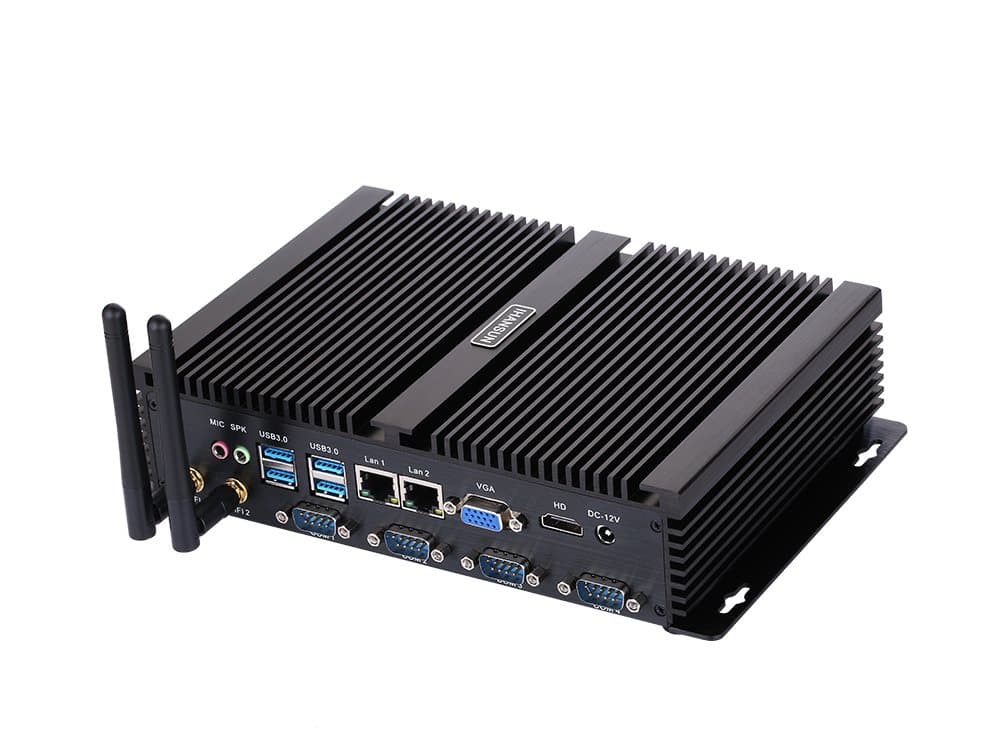 HUNSN Fanless Industrial PC, Mini Computer, Intel I5 3317U, Windows XP / 11 or Linux Ubuntu, IM02, VGA, HDMI, 2 x LAN, 4 x COM, 4 x USB2.0, 4 x USB3.0, 8G RAM, 128G SSD