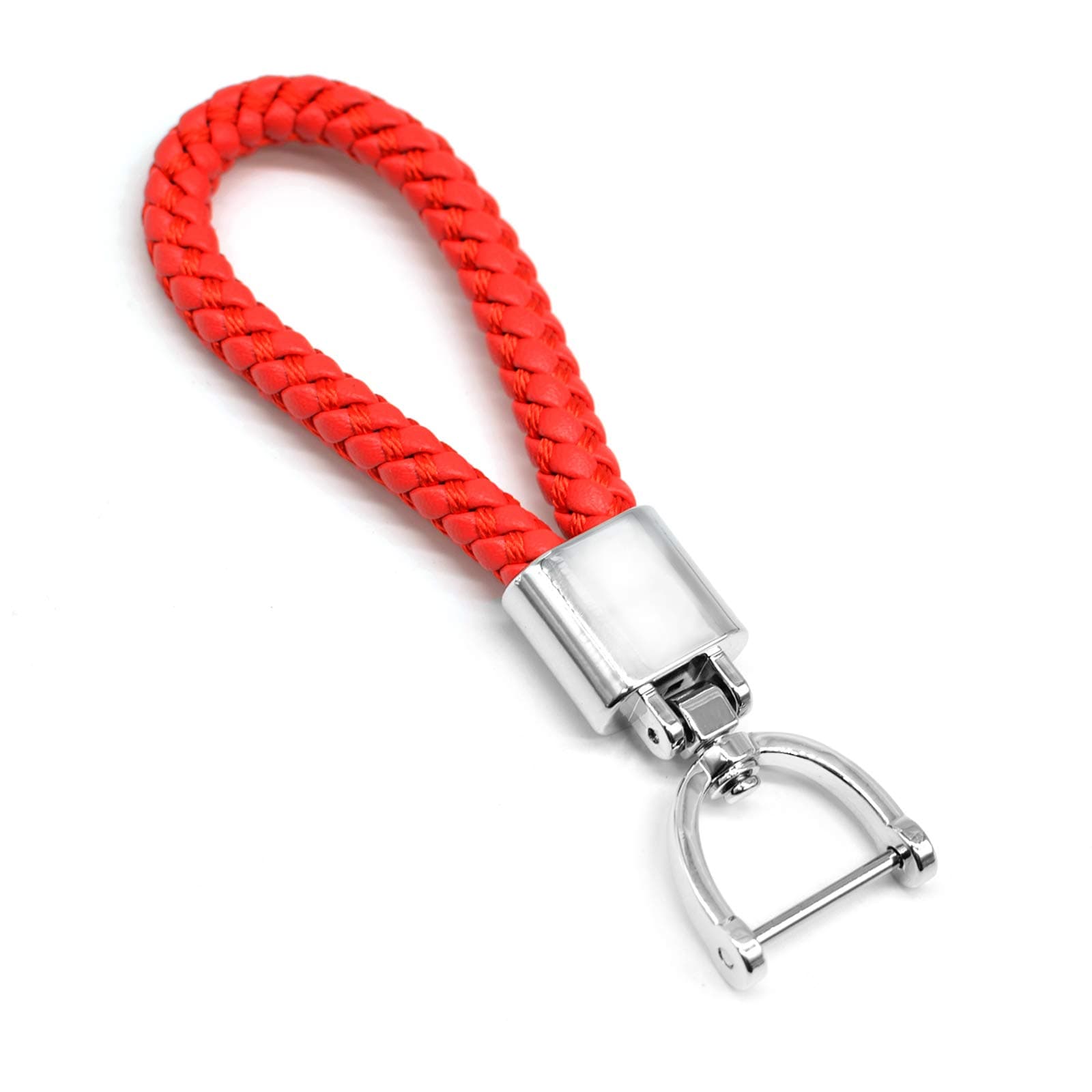FEYOUN Universal Red Leather Car Fob Keychain Metal Keyring Woven Strap Braided Rope Key Chain for Men and Women - Silver Color, with 360 Degree Rotatable D-ring and Screwdriver