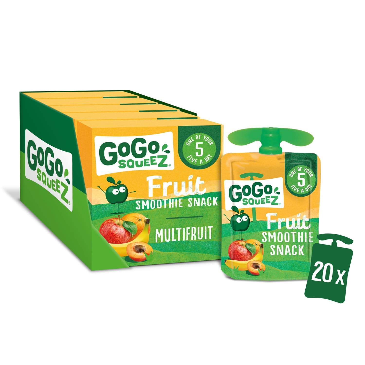 GoGo squeeZ Fruit Smoothie Snack, Multifruit,100% Real Fruit Blend, 20 x 90g Pouches, Snack for Kids & Adults, Gluten-Free, Vegan, No Added Sugar, School Lunchbox Friendly