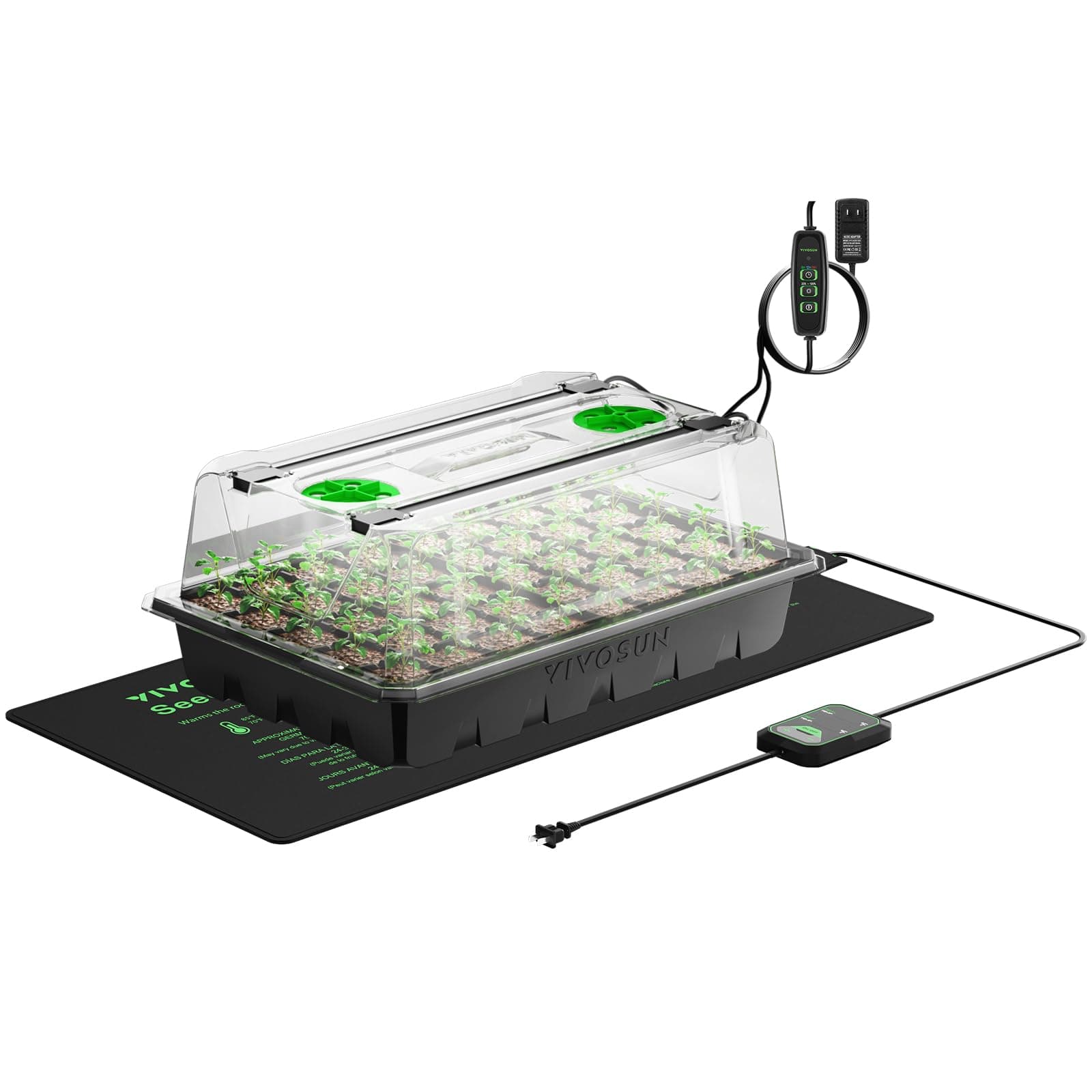 - VIVOSUN 1-Pack 40-Cell Seed Starter Trays with 1 Set of LED Lights and 10"x20.75" Seedling Heat Mat, 3.6" Higher Cover, Adjustable Vents, Drainage Holes, Green Propagation Tray for Planting Seeds