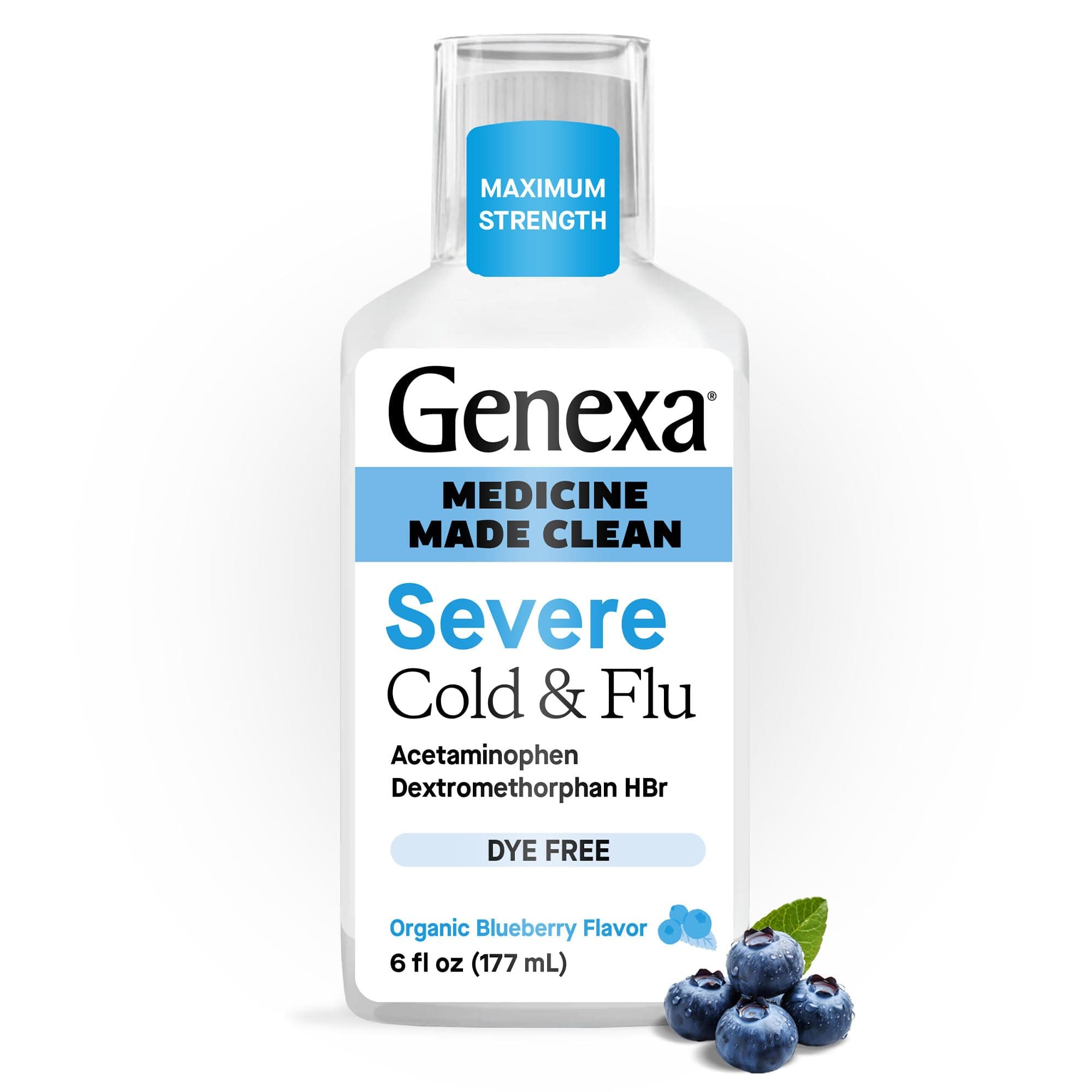 Clean Cold & Flu Relief, Dye Free, 0% Artificial Additives, Severe Daytime Medicine for Body Pain, Cough, Cold and Flu, Headache, Fever, Chest Congestion, Organic Blueberry Flavor, 6 fl oz