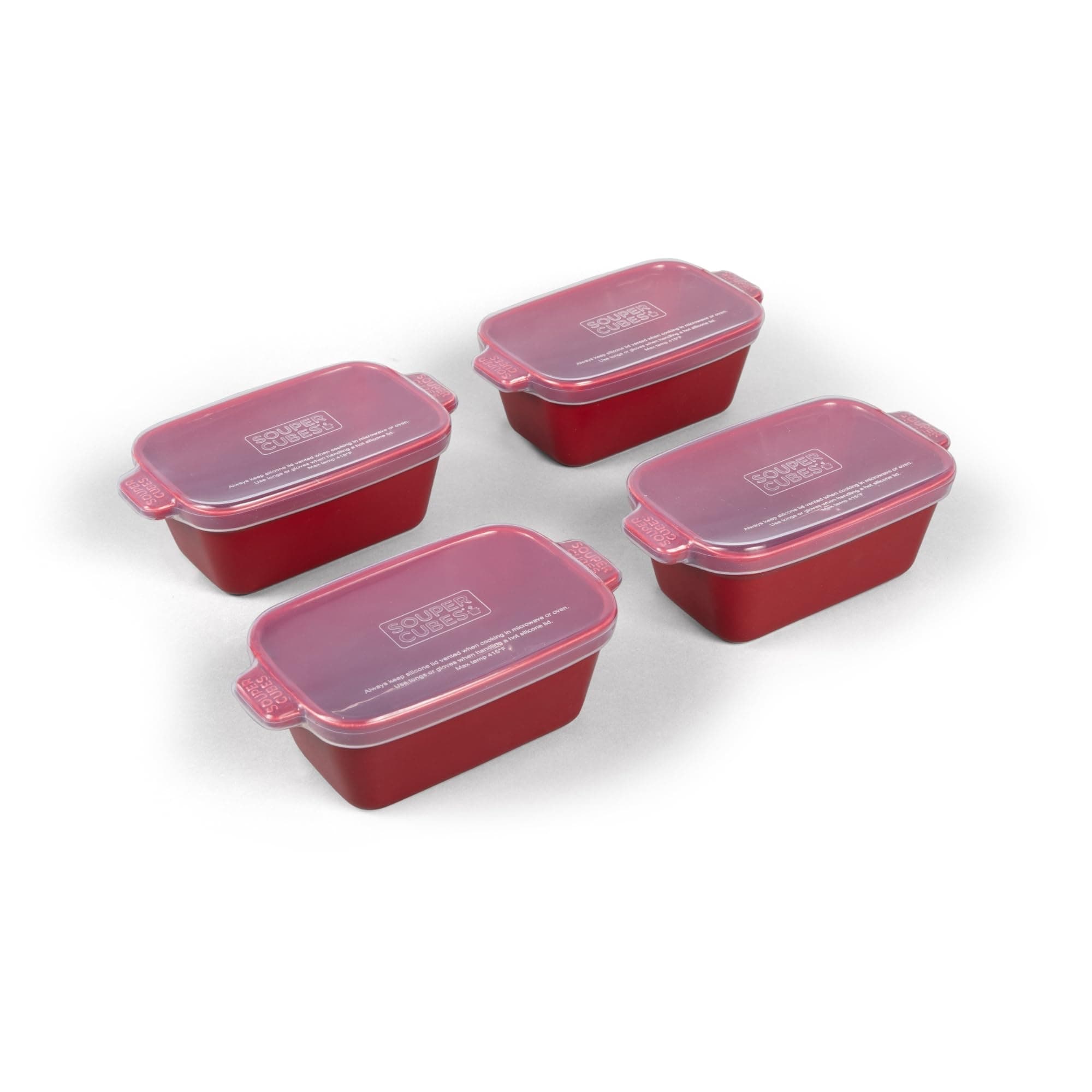 Souper Cubes Stoneware - Small Ceramic 5" x 3" Baking Dish with Silicone Covers, Small Baking Dishes for Oven Perfect for Reheating Single Serve Portions, Set of 4 - Cranberry