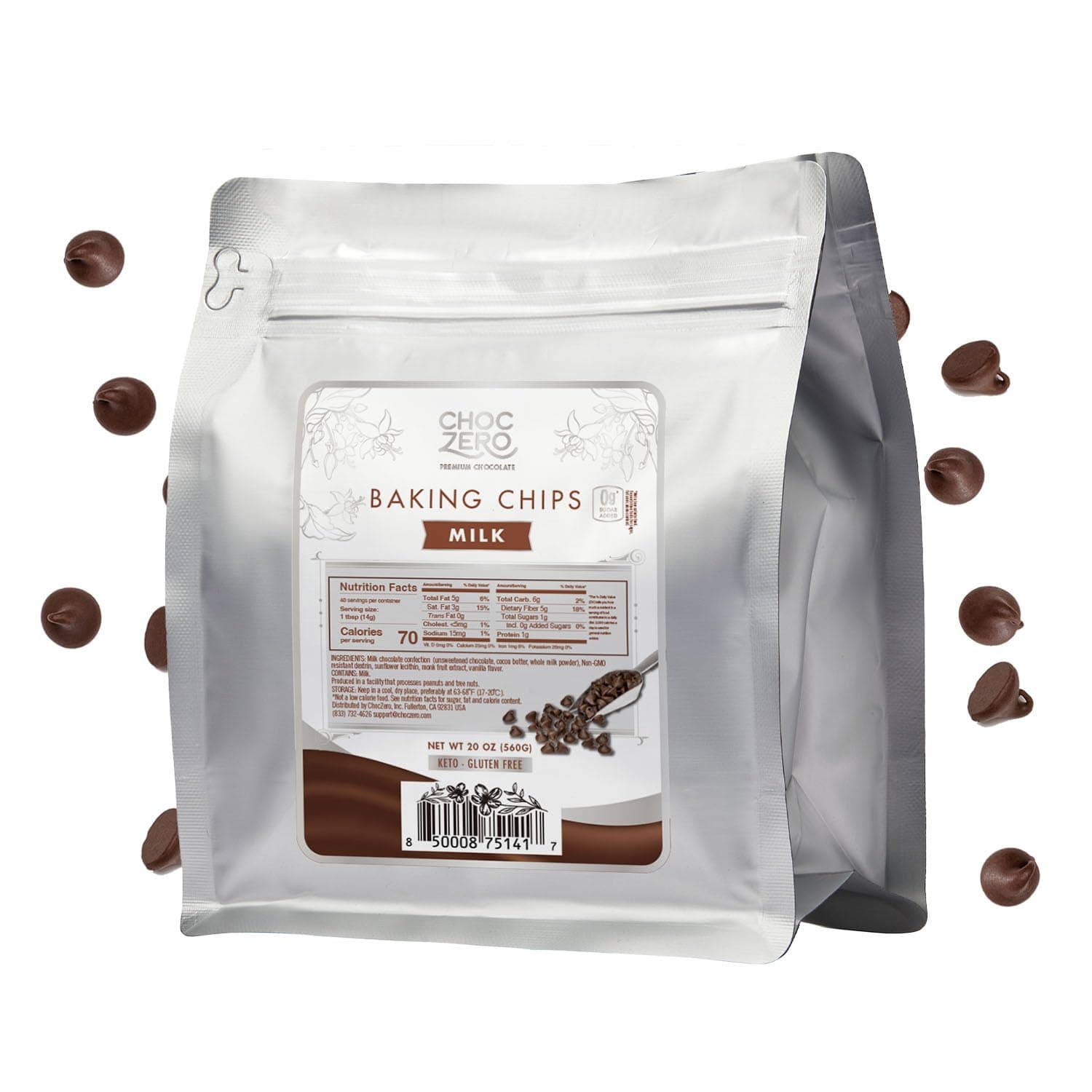 ChocZero Milk Chocolate Chips, No Added Sugar, Keto & Low Carb, Gluten Free, No Sugar Alcohols, 20 oz Bag for Baking & Desserts
