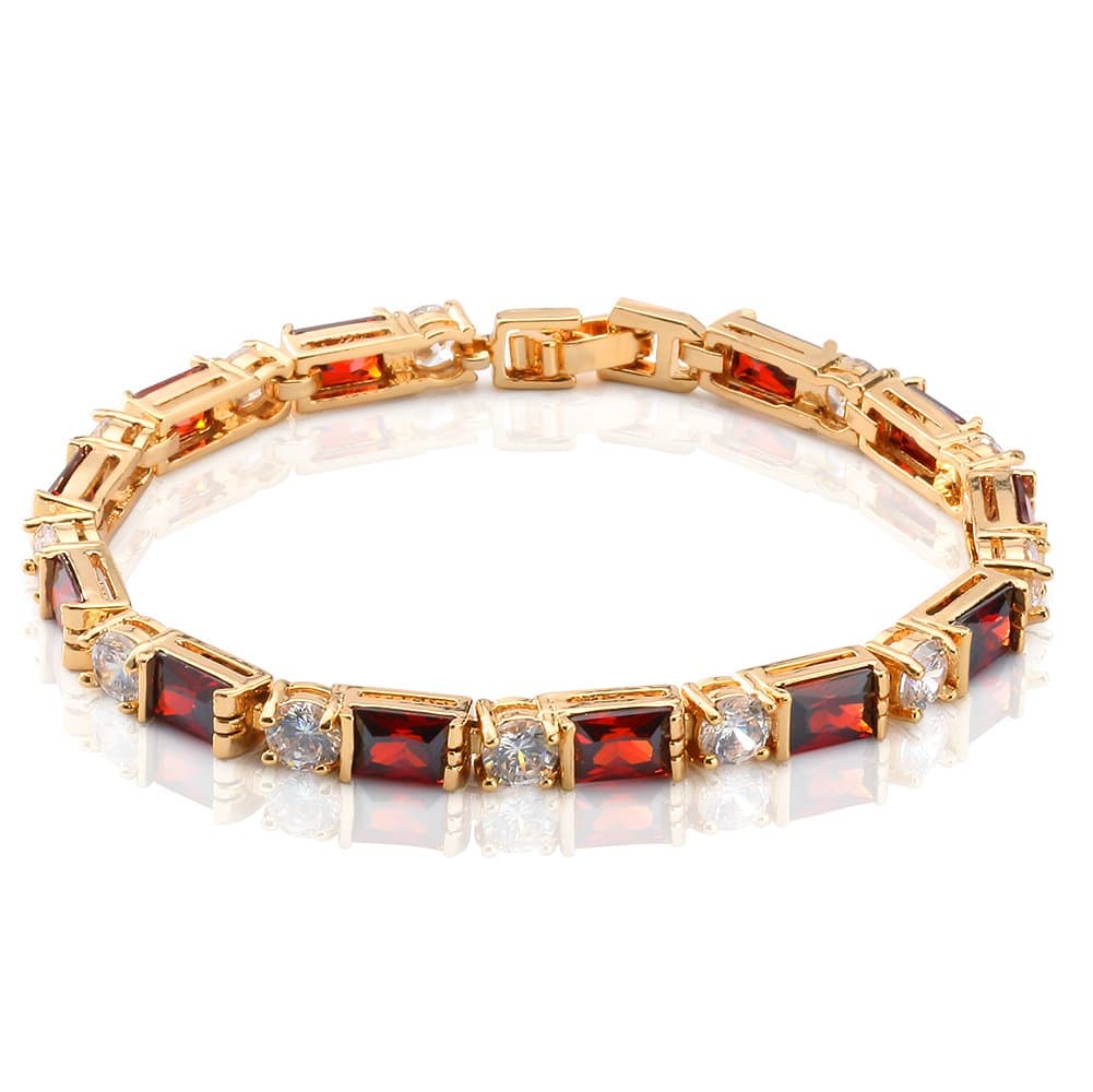 Rellecona 18k Yellow Gold Plated Silver Square Ruby Garnet Tennis Bracelet for Women 7"