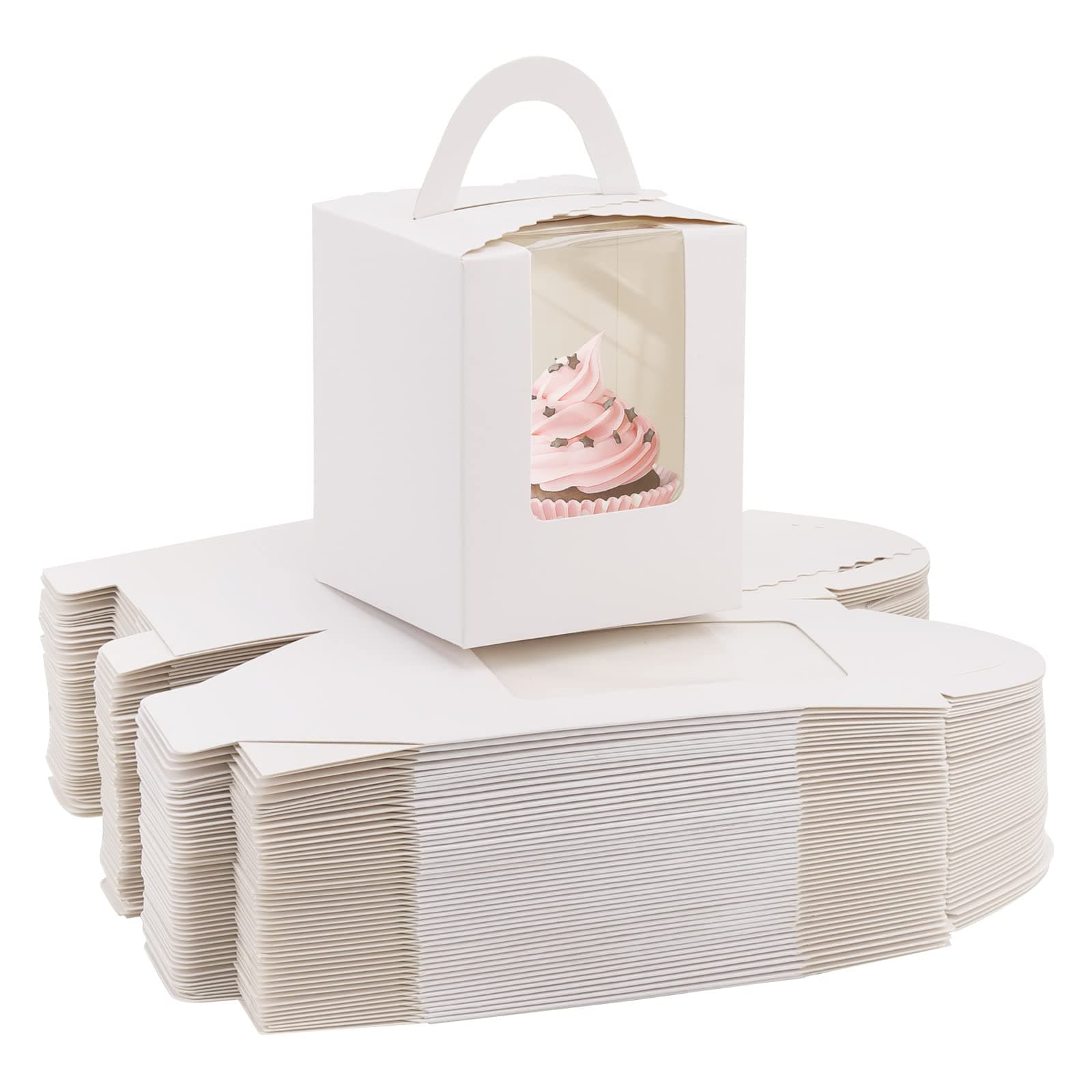 Allbests100Pcs White Cupcake Boxes With Window Cupcake Carrier Individual With Handle and Inserts for Wedding Bakery Wrapping Party Favor Packing
