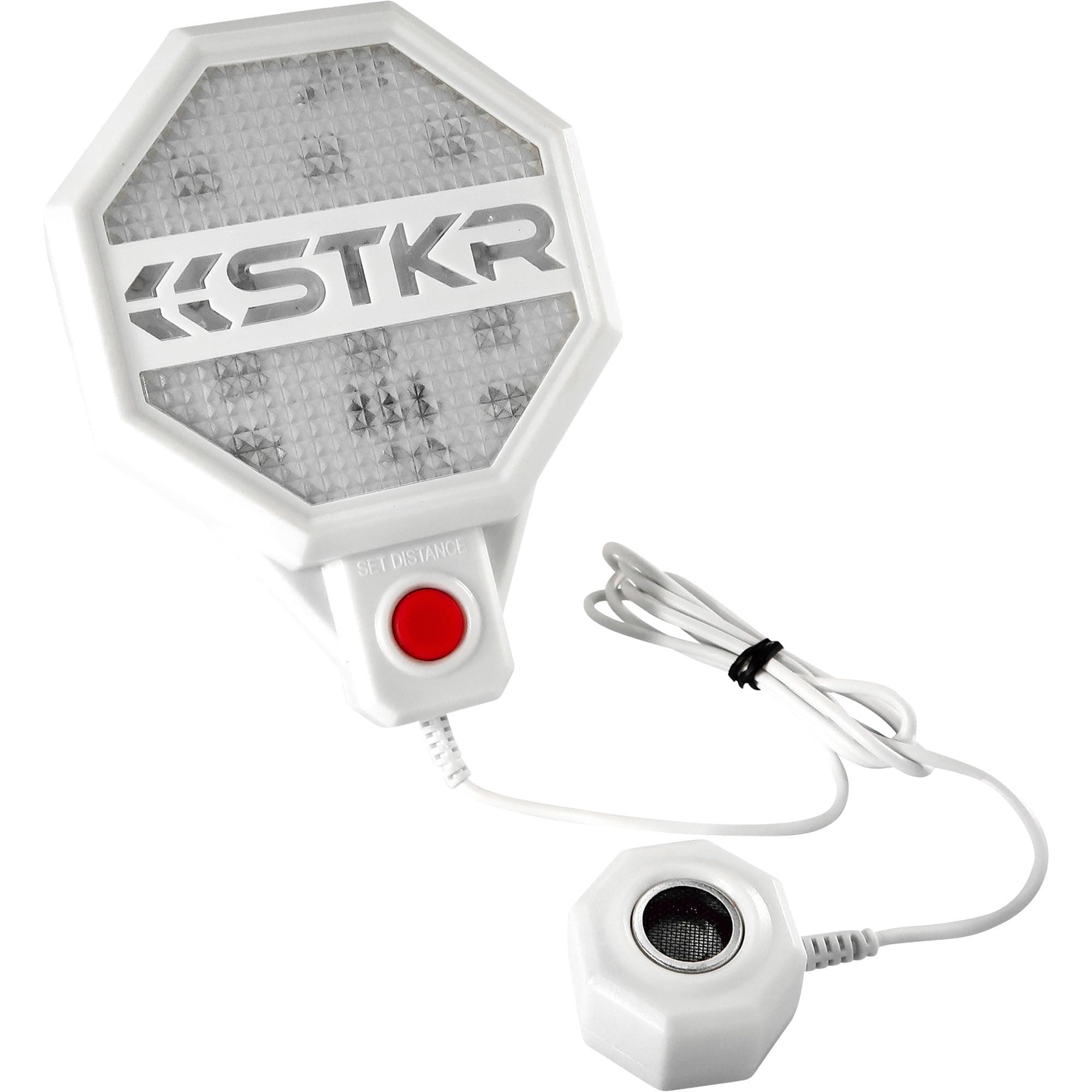STKR Garage Parking Sensor – Adjustable Ultrasonic Car Stop Assistant with Red/Yellow/Green LED Display – Set Stop Distance 6"–6 ft – Battery or USB Powered – Easy Wall-Mount Install – White