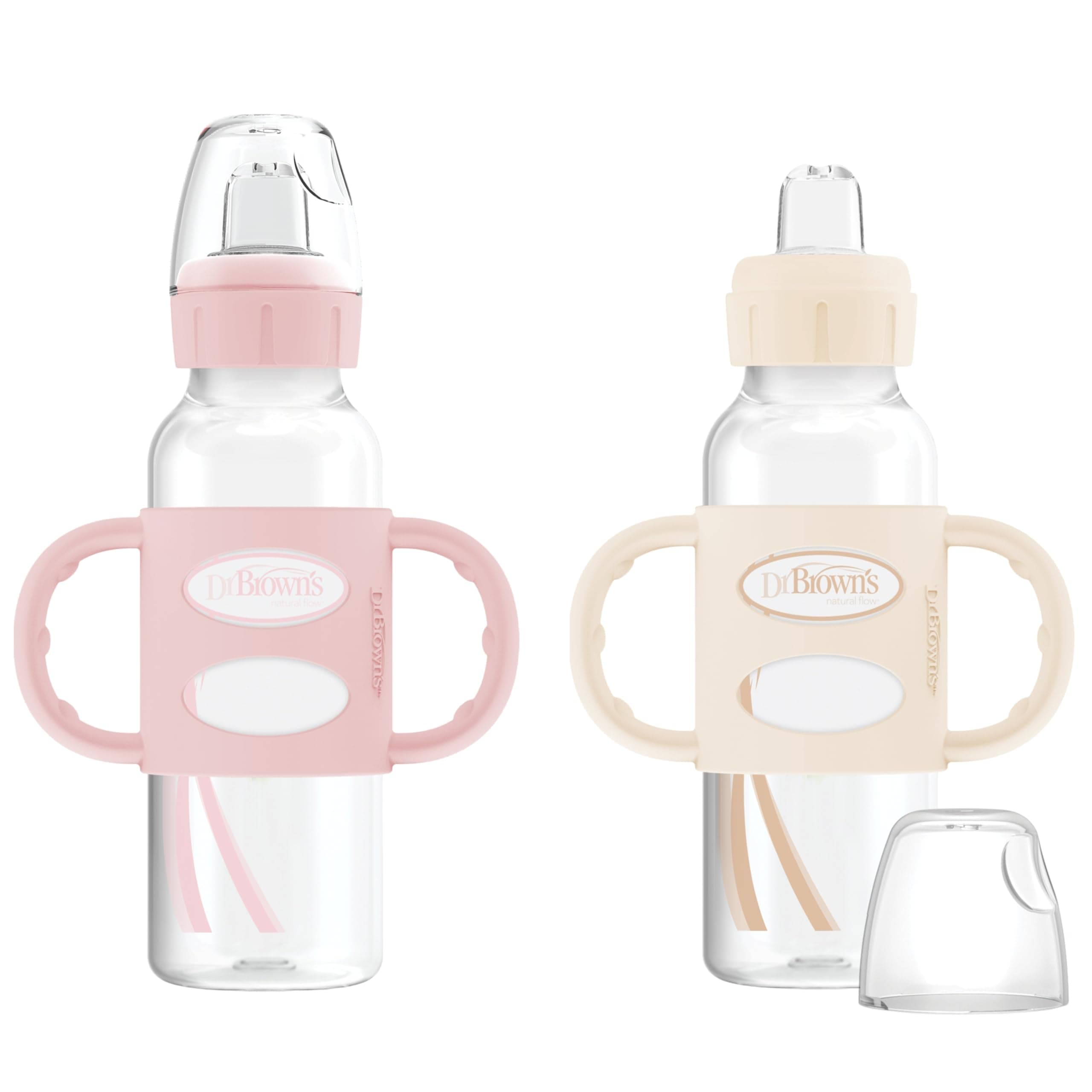 Dr. Brown’s Milestones Narrow Transitional Sippy Bottle with Silicone Handles 8oz 250mL 6m+ Light Pink and Ecru 2-Pack