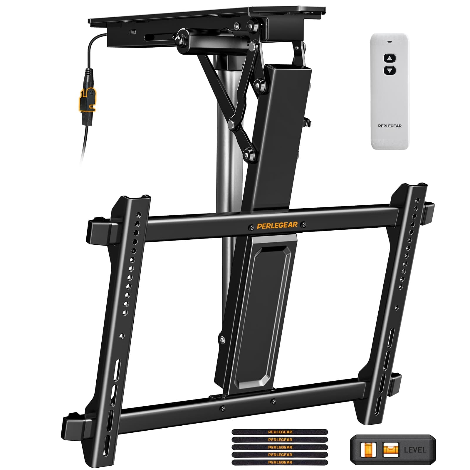 Perlegear Electric Ceiling TV Mount with Remote for 32-70 inch Flat and Curved Screen TVs up to 88 lbs, Max VESA 600x400, Motorized TV Ceiling Mount Flip Down for Flat Roof, Drop Down Ceiling Mount