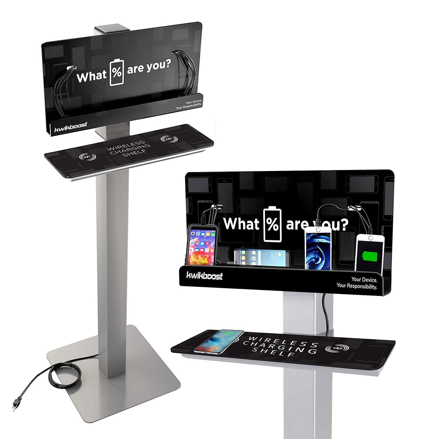 Free Standing Cell Phone Charging Station with Wireless Charging Ledge | Multi-Device Kiosk with 8 Ports | Charges Up to 10 Devices at Once | Compatible with iPhone, Android, Tablets & More!