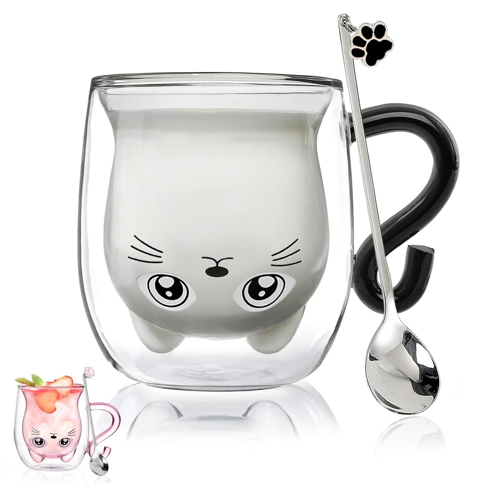 Black Cat Mug Cute Mug with Handle Double Walled Coffee Mugs Kawaii Cat Presents for Women Glass Mugs Tea Cup Cute Birthday Gifts for Cat Lovers Ideas Halloween Christmas