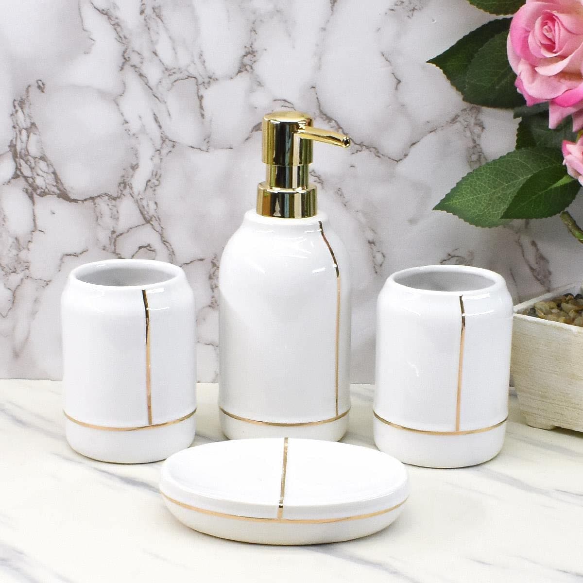 Kookee Ceramic Bathroom Set – Stylish 4 Piece Bath Accessories Kit with Soap Dispenser, Toothbrush Holder, Tumbler & Soap Dish – Modern & Designer Decor for Home & Guest Bathrooms, White (8487)