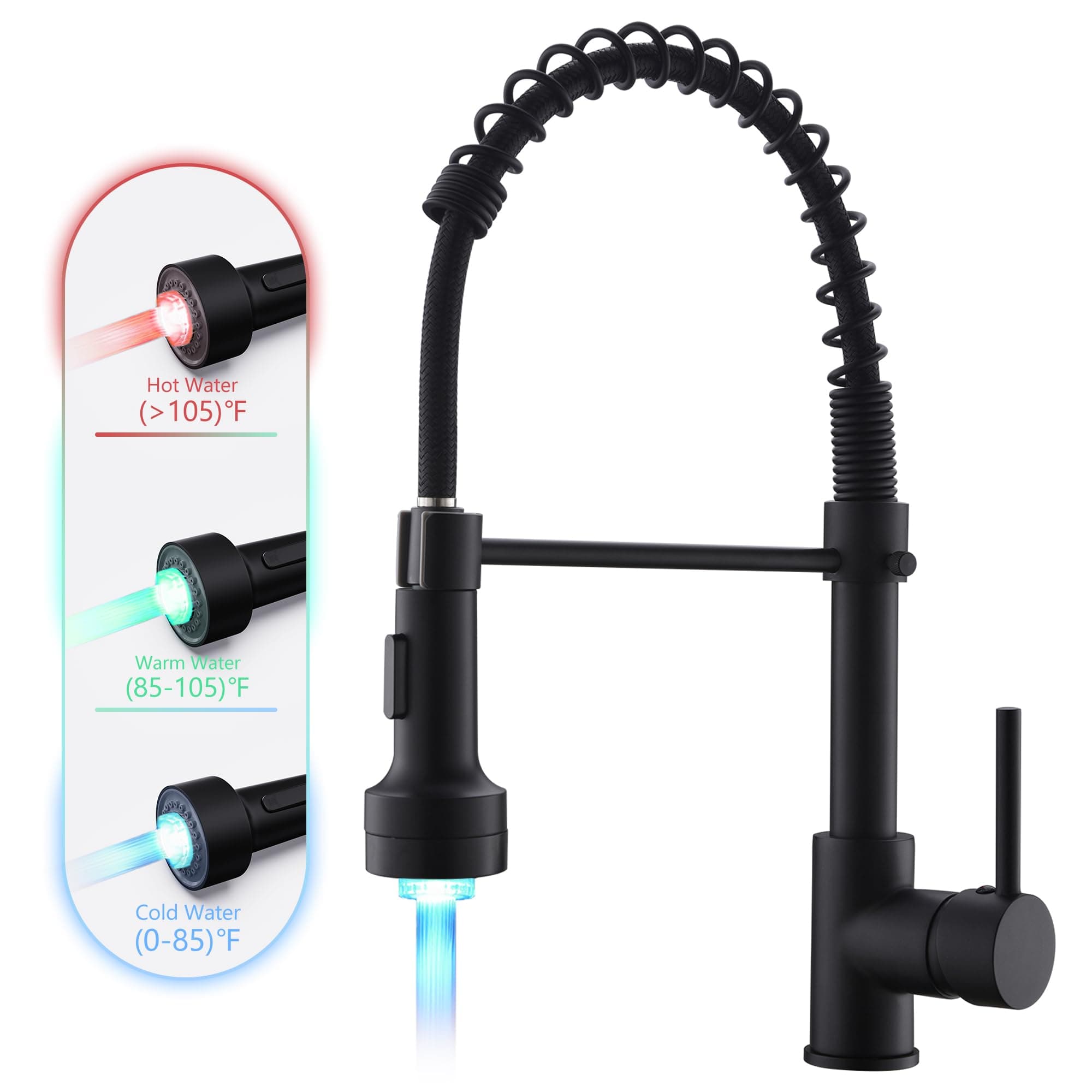 GIMILI Commercial Kitchen Sink Faucet,Single Handle Solid Brass Pull Down Sprayer Spring Matte Black Kitchen Faucet with LED Light