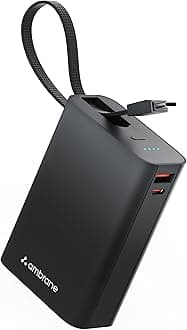 Ambrane 20000mAh Small Pocket Size Powerbank, Hanging InBuilt Type C Cable, 22.5W Fast Charging, Type C PD & USB Output for iPhone, Android Mobiles & Other Devices (MiniCharge 20, Black-Blue)