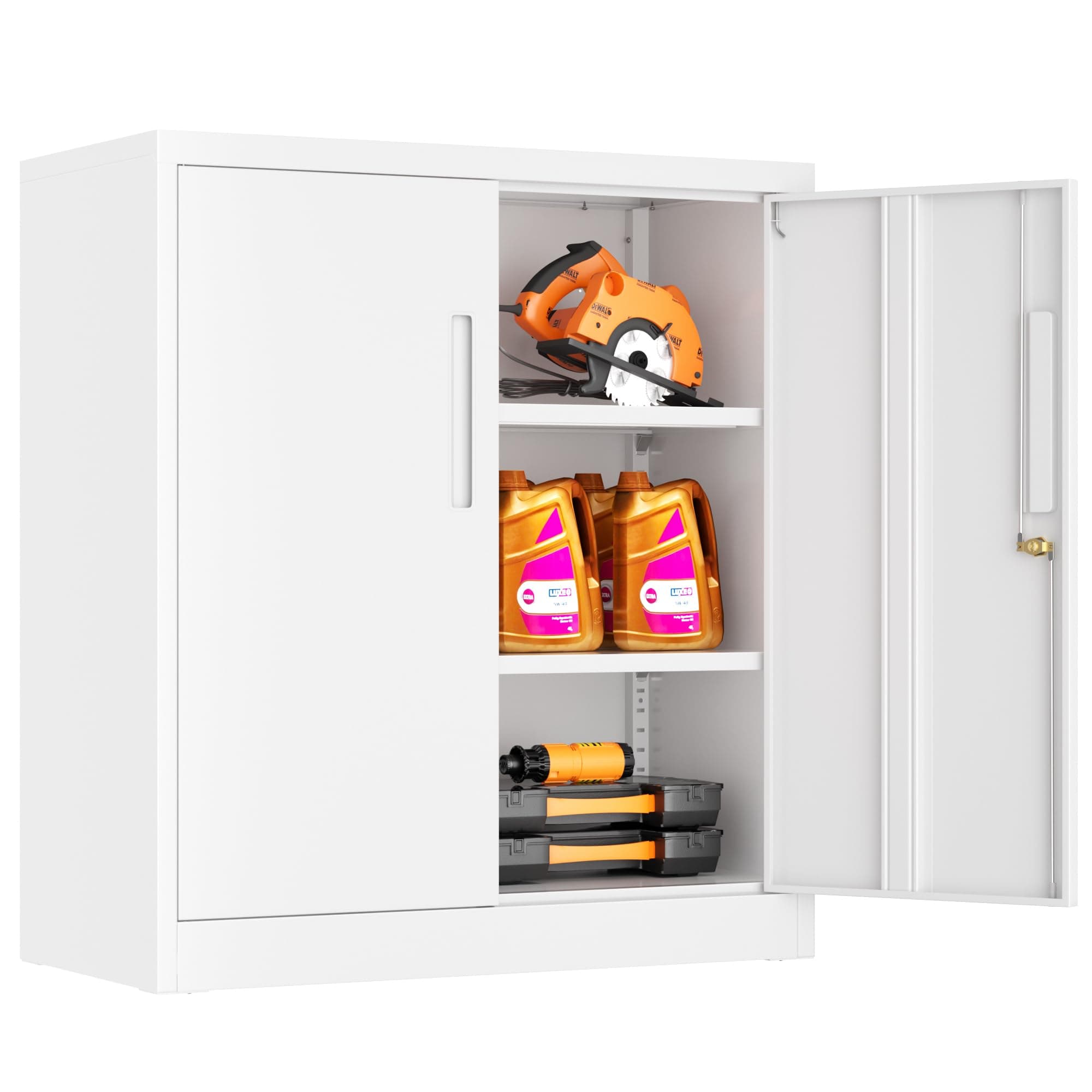 INTERGREAT Metal Garage Storage Cabinets with Lock, 36" Lockable Storage Cabinet with 2 Locking Doors and 2 Adjustable Shelves, Small Steel Cabinet for Home, Warehouse, Garage(White)