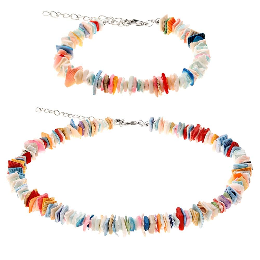 2 Pieces Puka Shell Necklace Colorful Clam Chips Shell Anklets Surfer Beach Choker Necklaces Ankle Bracelets 18 inch Hawaiian Tropical Jewelry