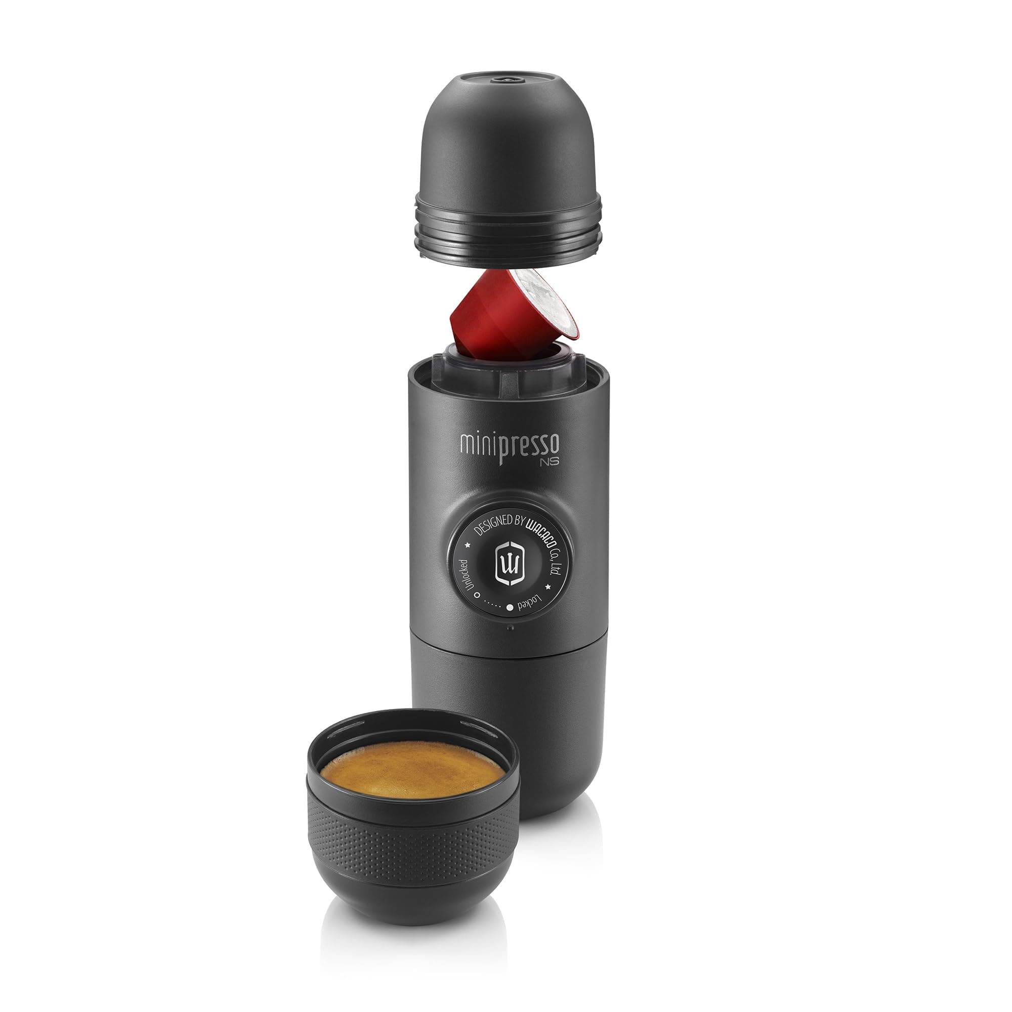 Minipresso NS Manually operated Mini Portable Espresso Maker- Extra Small capsule coffee machine for Travel, Camping, Office-Black