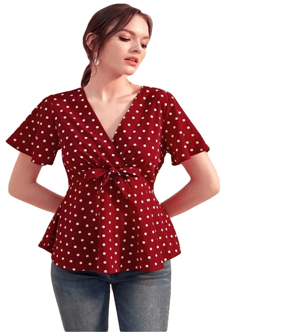 Istyle Can Polka Dot Front Tie Knot V Neck Short Sleeve Tops for Women
