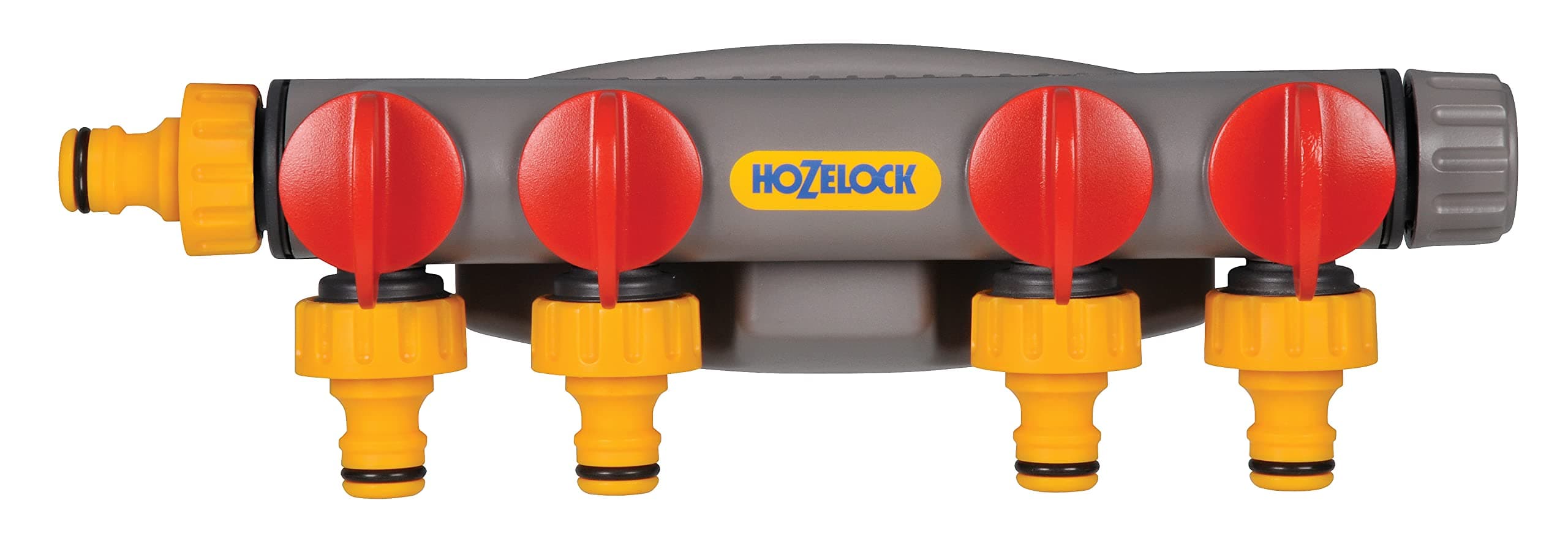 HOZELOCK - Multi-Tap Connector 4-Way Watering : Ideal for Creating 4 Circuits on a Single Tap, Independent Flow Valve for Each Outlet, Supplied with X2 Fittings and Screws [2150R0000]