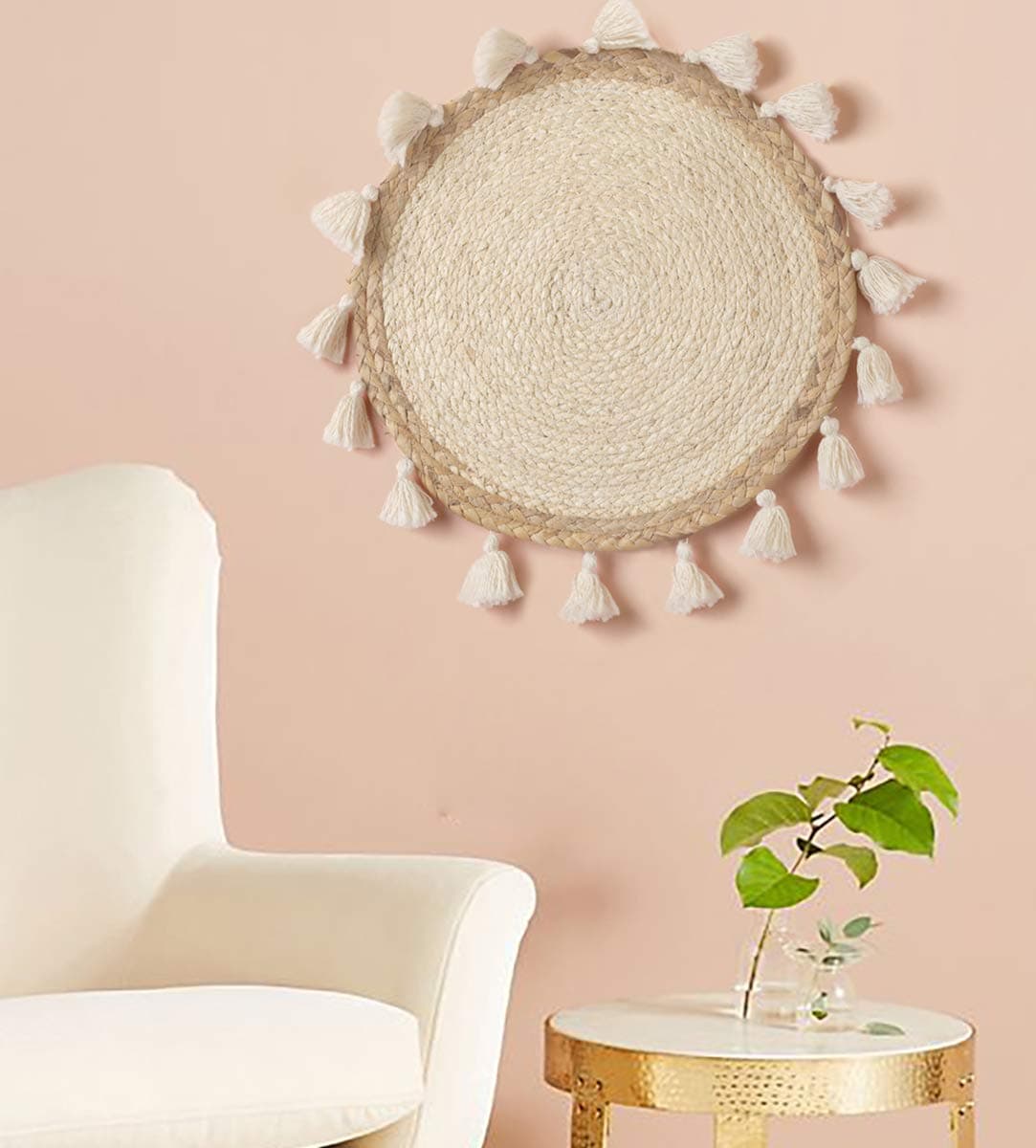 IOWERBoho Wall Decor Circle Wall Decor Basket Macrame Wall Hanging Round Straw Living Room Wall Home Décor,12"