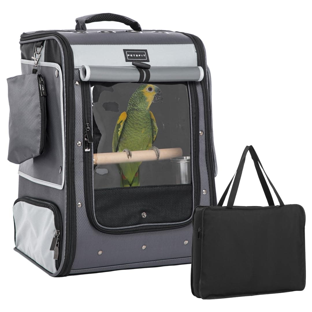 Bird Carrier with Shade Cover,Adjustable Height Standing Perch,2 Feeder Bowls and Great Ventilation, Cockatiel Bird Travel Cage (Large, Grey1)