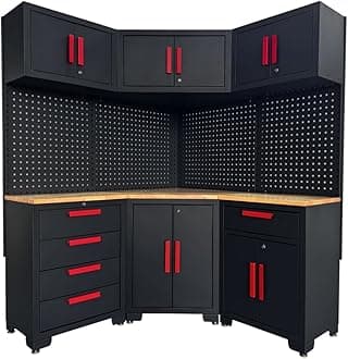 Corner Workshop Set - 10-Pcs Garage Cabinets and Storage System with Corner Cabinet, Cabinet Drawers, Workbench, Pegboard for Tool Organization Workshop, Red and Black