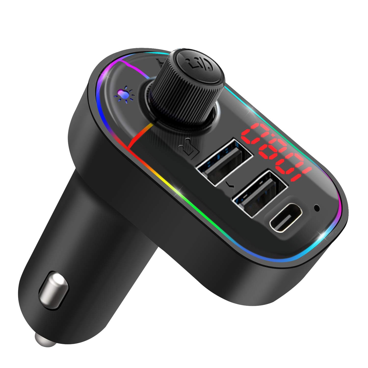FM Transmitter for Car V5.0 Bluetooth Car Adapter,QC3.0 Charge & 7 RGB Color LED Backlight Wireless Music Player Radio Transmitter Hands Free Car Kit Dual USB Ports Car Kit