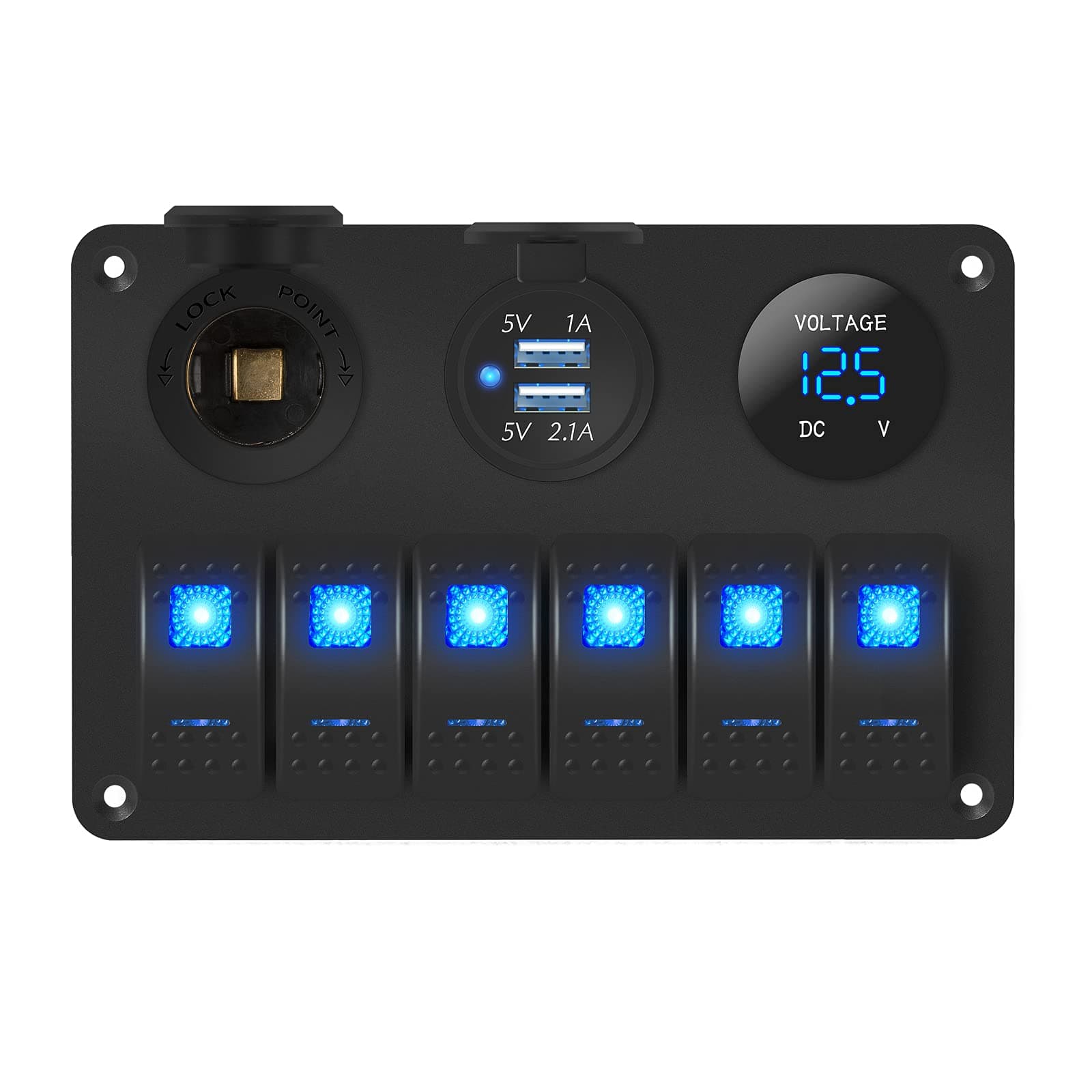 DaierTek 6 Gang Marine Rocker Switch Panel Waterproof 12 Volt, Boat Toggle Switch Panel 12V Blue LED Lighted for Boat Car RV UTV with USB Cigarette Lighter Socket Voltmeter