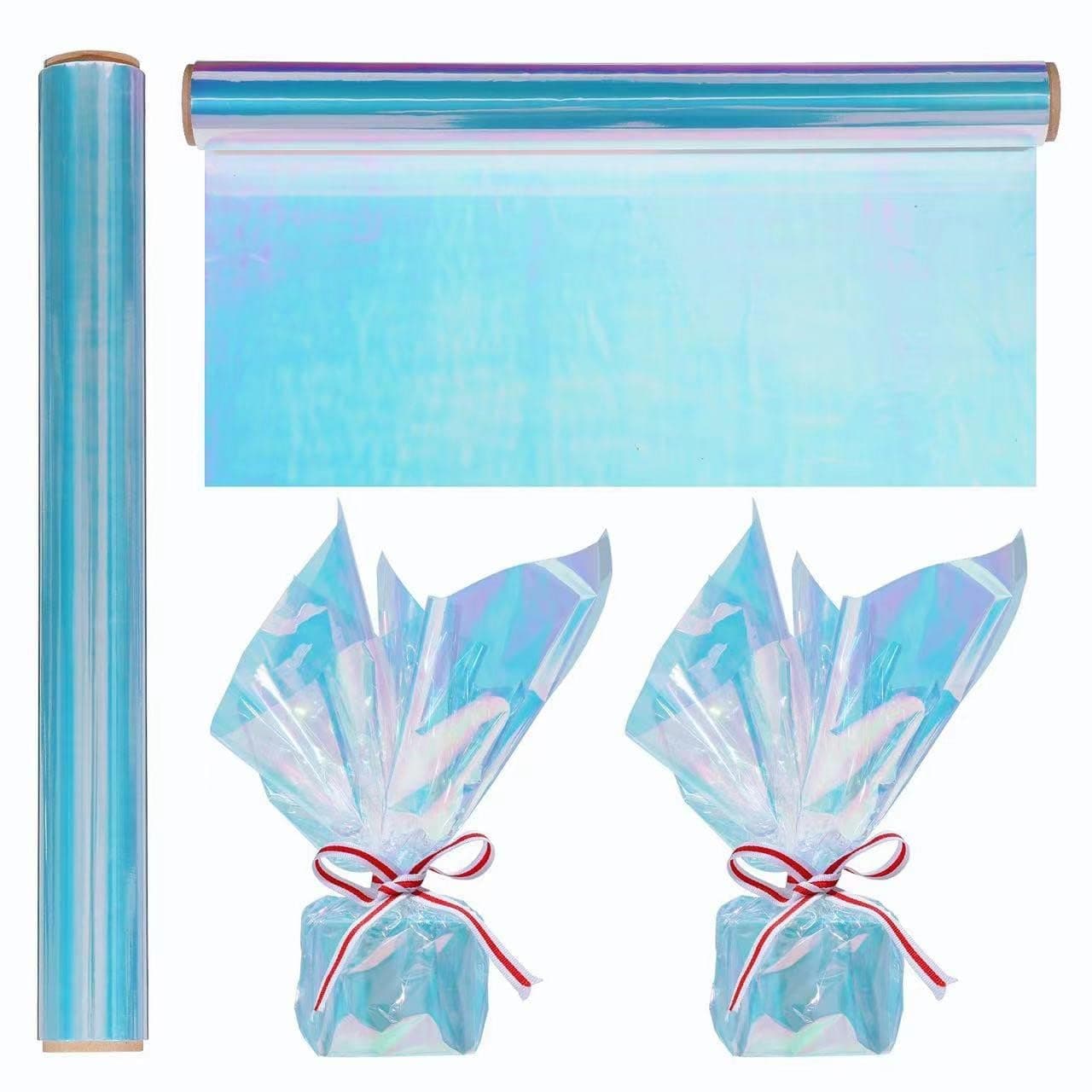 1 Roll 50ft Iridescent Light Blue Cellophane Wrap for Gift Baskets - Colored Cello Wrap - Rainbow Light Blue Wrapping Film (50' Long x 17" Wide) Colored Film Roll for, Fairy Wings, DIY Craft Babyshower.