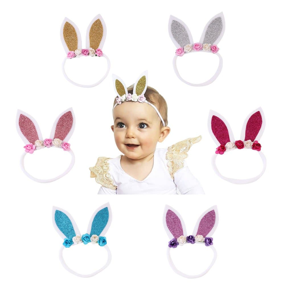 Baby Easter Bunny Headband with Flower Glitter Rabbit Ears for Easter Gift （6 Pack)