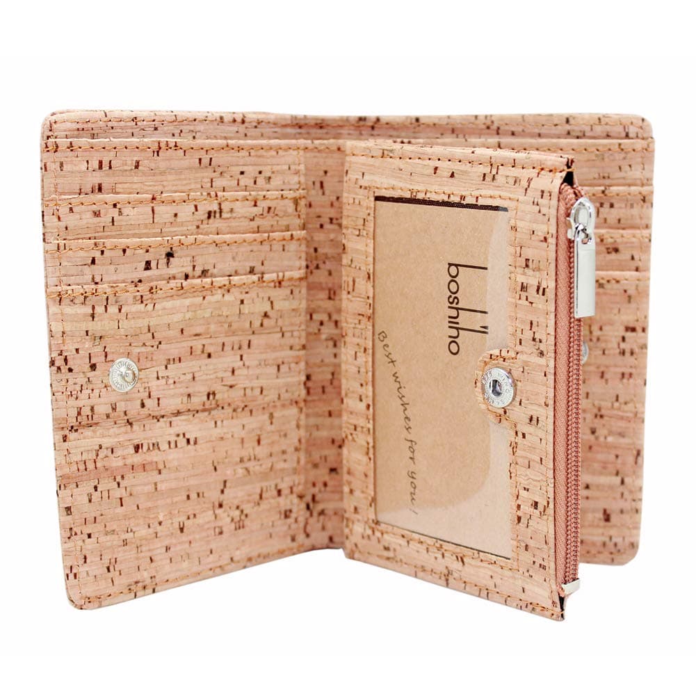 Eco Cork Friendly RFID Blocking Wallet Bi-fold Card Holder Vertical Wallet With Zippered Coin Purse & ID Window