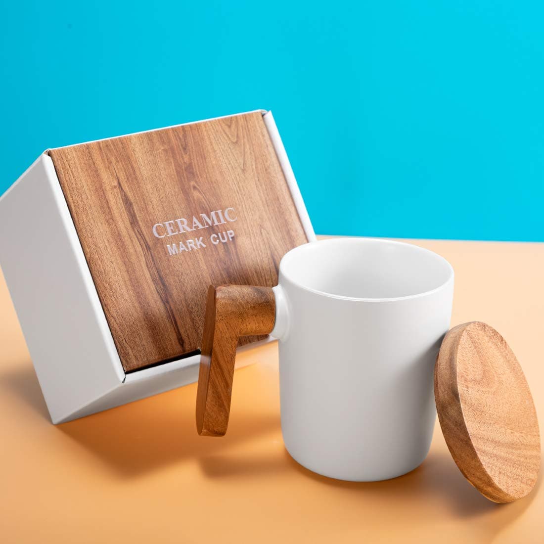 Hica Coffee Mug Ceramic Cup with Handle, 14 oz Coffee Tea Mug with Lid Coffee Cup- Matte White