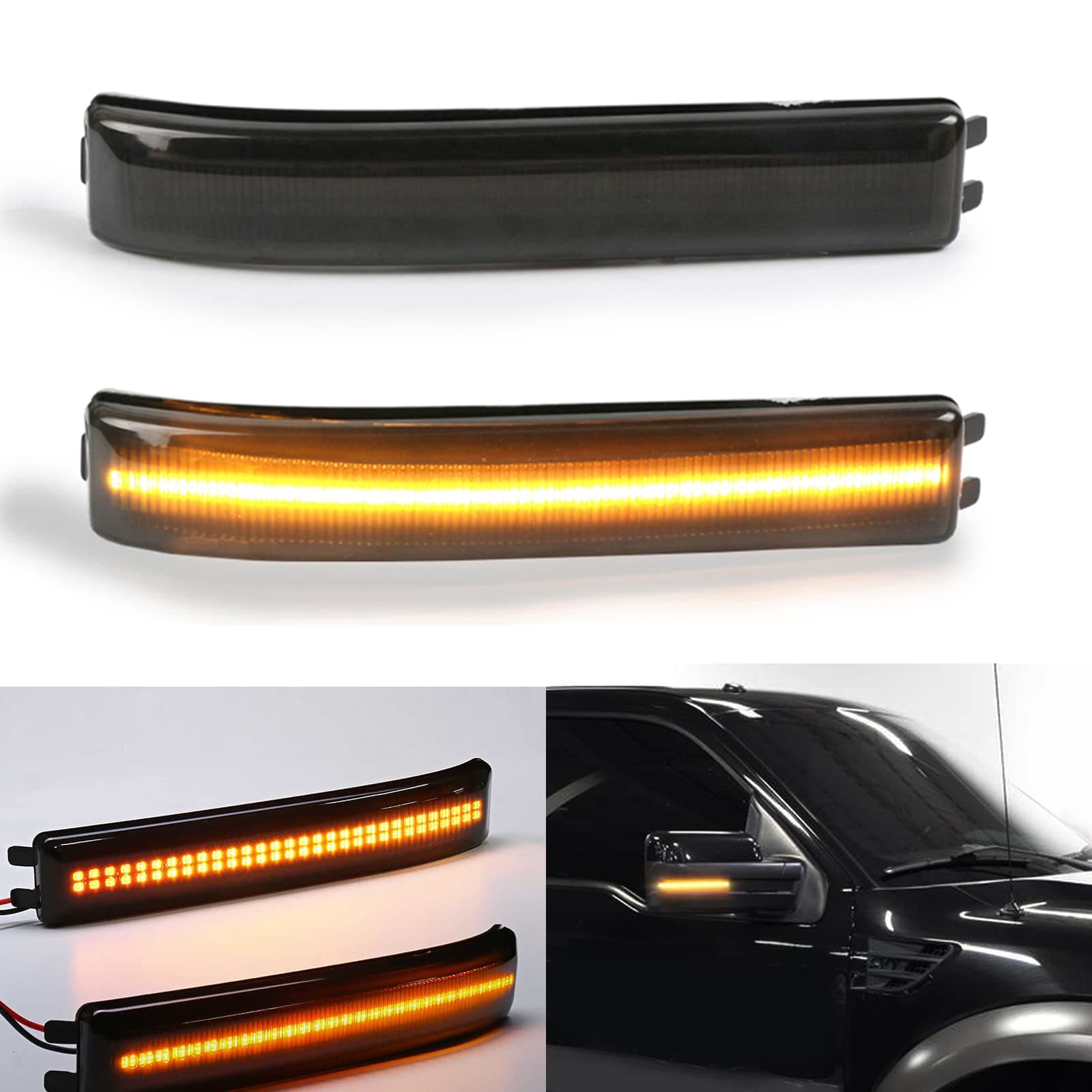 2x Smoked Lens Sequential Amber Full LED Side Mirror Marker Lights Compatible With 2009-2014 Ford F150 , 2010-2014 SVT Raptor, Replace OEM Amber Bulb-Less Reflectors