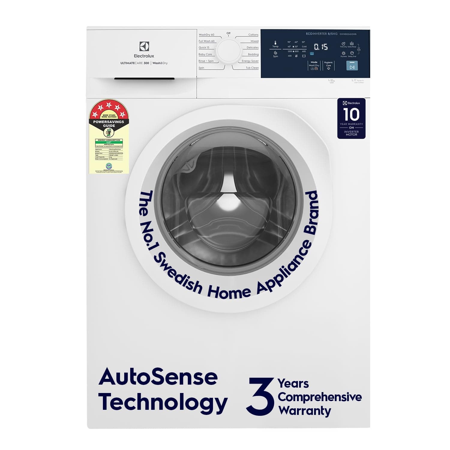 Electrolux 8kg/5kg 5 Star EcoInverter Fully Automatic Front Load Washer Dryer, Scandinavian Design with 40°C Vapour Wash for Sustainable Clothing, Wash To Dry, White, UltimateCare 300, EWW8024D3WB