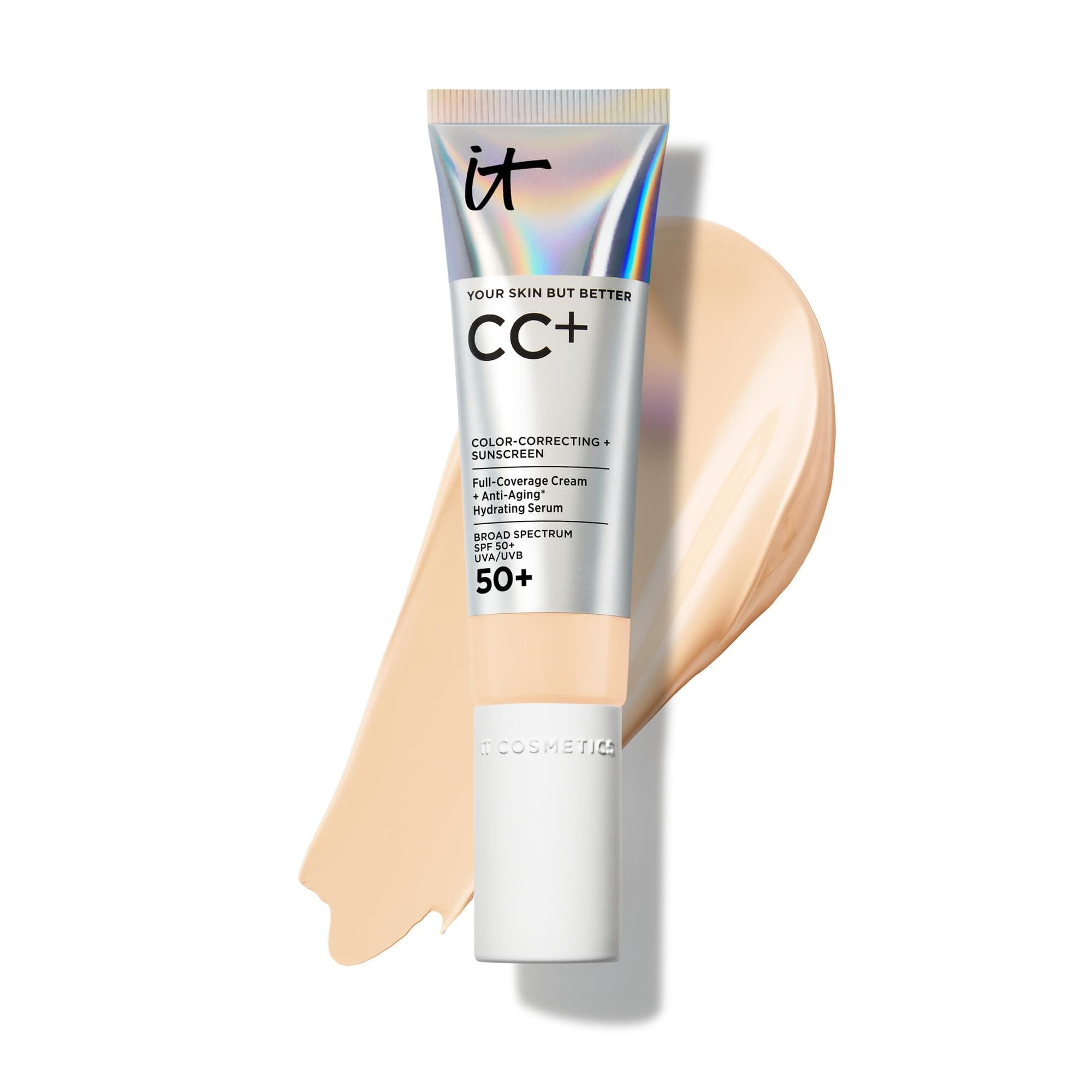 CC+ Cream - Natural Full Coverage Foundation With SPF 50+, Color Corrector & Anti-Aging Hydrating Serum, Hyaluronic Acid + Peptides, Lightweight Up To 24H Wear, All Skin Types