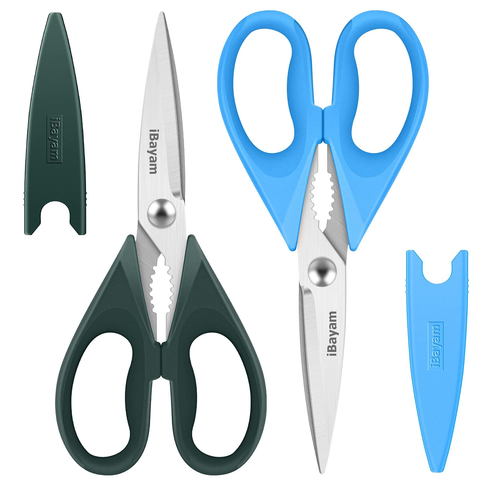 iBayam Kitchen Shears, Kitchen Scissors All Purpose Heavy Duty Meat Scissors Poultry Shears, Dishwasher Safe Food Cooking Scissors Stainless Steel Utility Scissors, 2-Pack, Lake Blue, Forest Green
