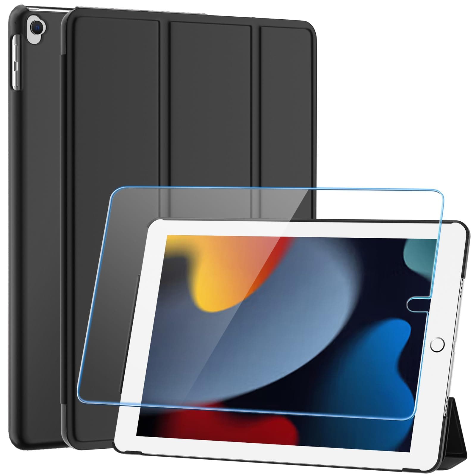 SUPFINE for 10.2 Inch iPad 9th Generation Case 2021, with [ Glass Screen Protector ]/ iPad 8th/7th Generation Case 2020/2019, Slim Stand Translucent Back Shell Cover, Black